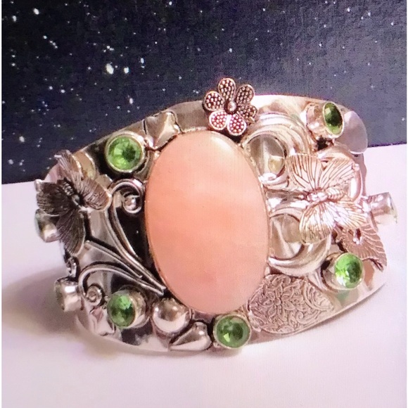 Rose Quartz Peridot 925 Sterling Silver Cuff Bracelet